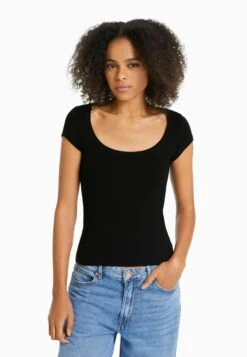 BERSHKA SHORT SLEEVES WITH A ROUND NECK - T-shirt Basic - Black