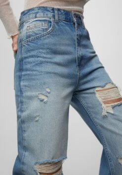 PULL & BEAR RIPPED - Jeansy Straight Leg - Dark Blue -Fashion Pol 1bff891435c34b46bb9b126292ac1ebe