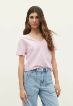 Stradivarius ACID WASH V-NECK - T-shirt Basic - Light Pink