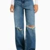 BERSHKA WIDE-LEG RIPPED - Jeansy Dzwony - Dark Blue