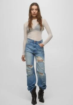 PULL & BEAR RIPPED - Jeansy Straight Leg - Dark Blue -Fashion Pol de497357053b4ad48c1c3ba19fe76d67