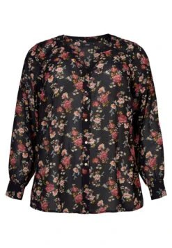 Zizzi MED V-UDSKÆRING OG PRINT - Bluzka - Black Red Flower -Fashion Pol fa1bc4f9faa1465aaeee88a415c59a5f